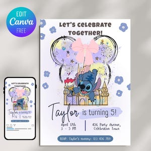 Convite de aniversário do Stitch, convite de aniversário da Lilo e Stitch, convite para festa de aniversário infantil, editável no Canva, download instantâneo