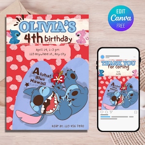 Stitch Birthday Invitation, Editable Lilo Invitation Template, Digital Kids Party Invite, Lilo and Stitch Invitation, Instant Download
