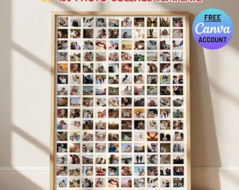 Plantilla de collage de 150 fotos, editable en Canva, descarga instantánea.