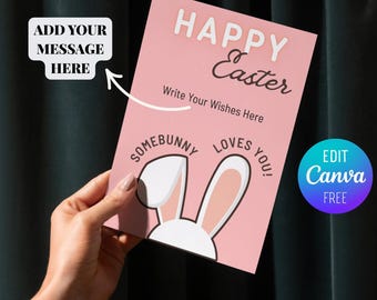 Tarjeta de Pascua imprimible, tarjeta de Pascua editable, tarjeta de Pascua rosa, tarjeta de Pascua feliz, descarga instantánea, editable en Canva