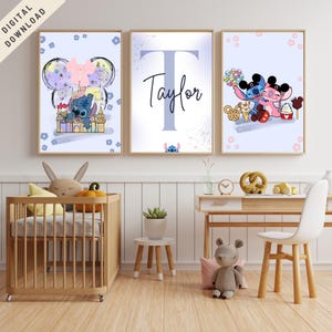 Set of 3 Personalized Stitch Wall Art, Stitch Nursery Decor, Lilo & Stitch Poster, Custom Name Stitch Decor, Custom Girl Room Decor