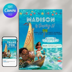 Editable Moana Birthday Invitation: Tropical Party Theme (Canva Digital Download 5x7&quot; )