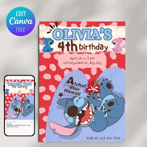 Editable Stitch Birthday Invitation, Lilo Invitation Template, Kids Party Digital Invite, Lilo and Stitch Invitation, Instant Download