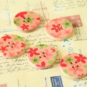 Set 12 PINK Craft Ideas Flower Printed Wood round buttons