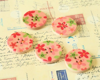 Set 12 PINK Craft Ideas Flower Printed Wood round buttons