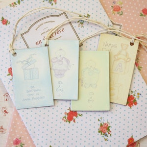 Jolies étiquettes-cadeaux imprimées champêtres thème bébé et baptême