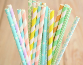 Pastel Rainbow mix designs paper straws multipack