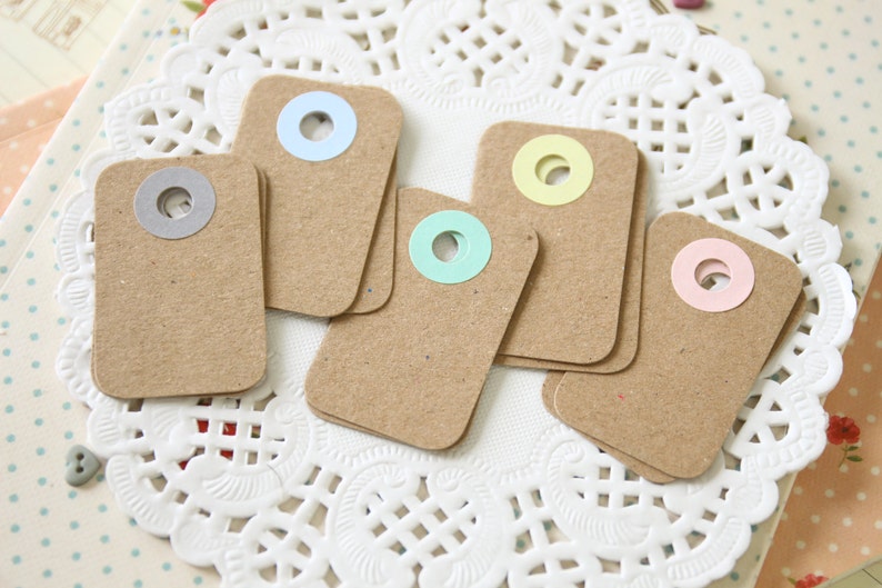 Plain Kraft Brown with Pastel Holes reinforced Rounded Midi Tags image 2