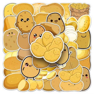 May include: A set of 30 potato-themed stickers featuring various designs, including cartoon potatoes with faces, potato slices, and a bag of potatoes. The stickers are yellow, brown, and white.