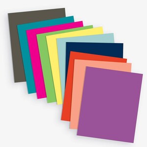 May include: A stack of 10 different colored cardstock paper sheets. The colors are teal, pink, yellow, light blue, navy blue, orange, peach, purple, green, and gray.