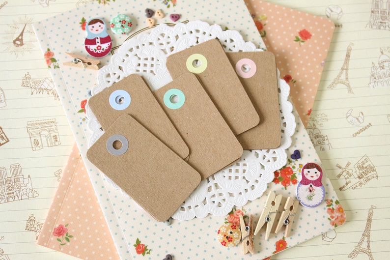 Plain Kraft Brown with Pastel Holes reinforced Rounded Midi Tags image 5