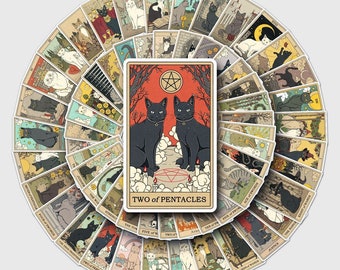 May include: A deck of tarot cards featuring cat illustrations. The central card reads "TWO OF PENTACLES" and depicts two black cats. The cards are arranged in a circular pattern, showcasing various cat-themed designs in a vintage style.