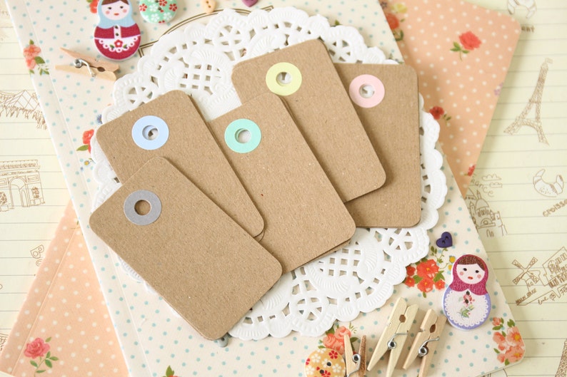 Plain Kraft Brown with Pastel Holes reinforced Rounded Midi Tags image 1