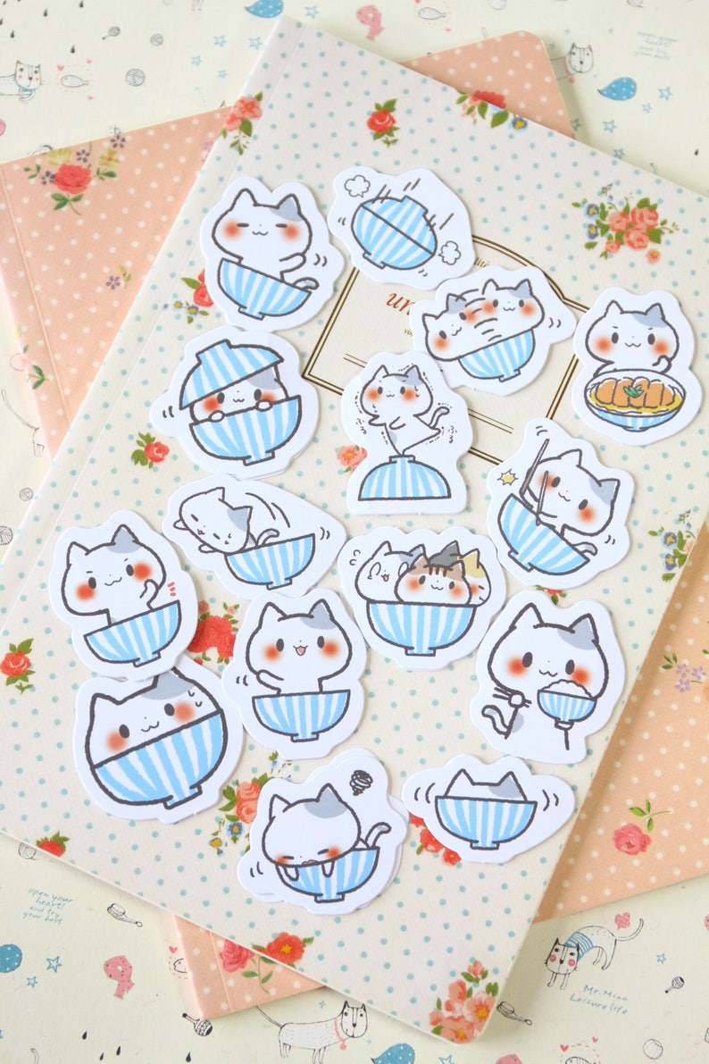 Cup Cats Candy Poetry Cartoon Shapes Stickers Etsy