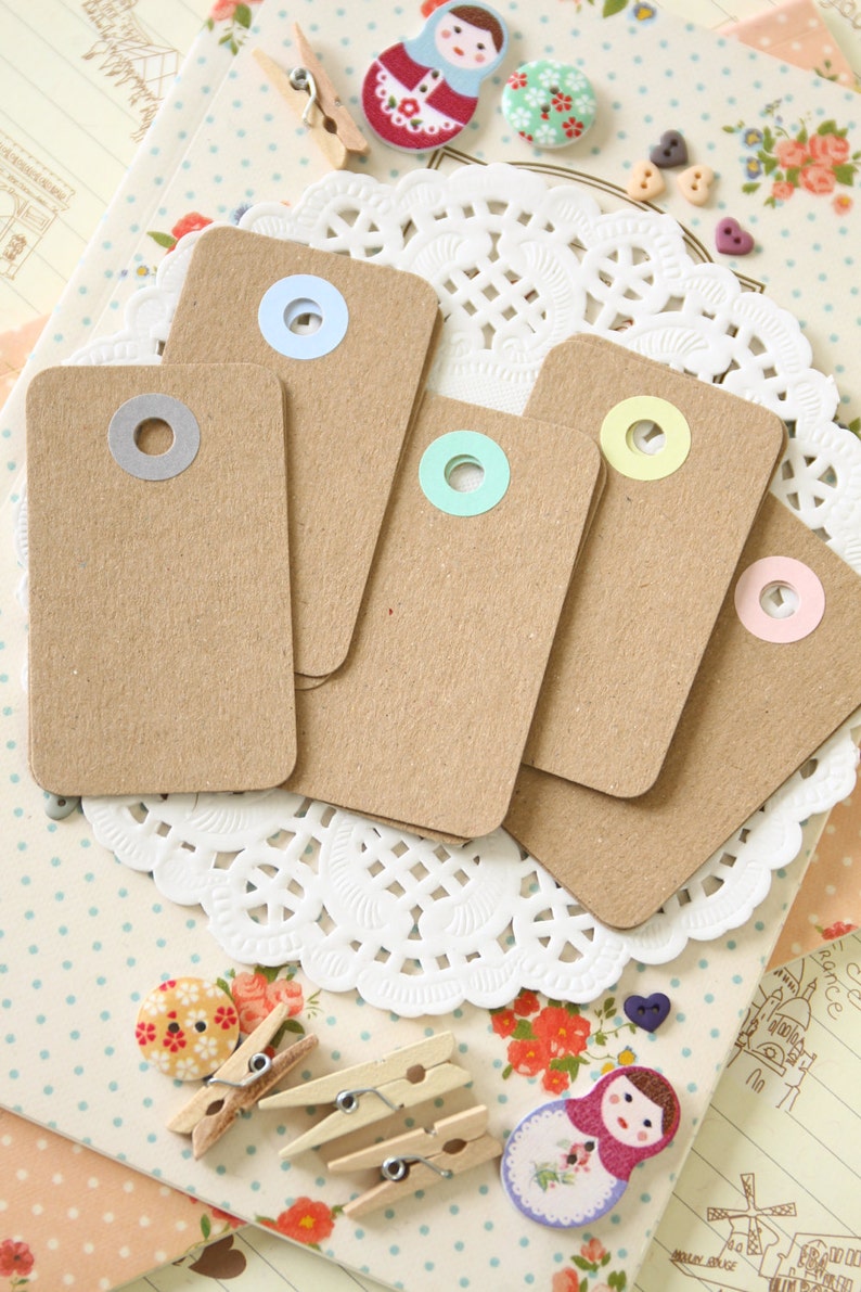 Plain Kraft Brown with Pastel Holes reinforced Rounded Midi Tags image 3