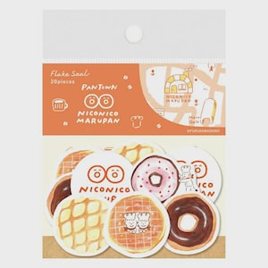 May include: A set of 20 colourful stickers featuring various illustrated pastries, including a doughnut, a croissant, and a loaf of bread. The stickers are labelled "Niconico Marupan" and "Pan Town".