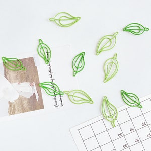 May include: A selection of green leaf-shaped paper clips on a white background. The clips are in various shades of green and made from wire. Some are on a piece of paper with text. A calendar is visible in the bottom right corner.