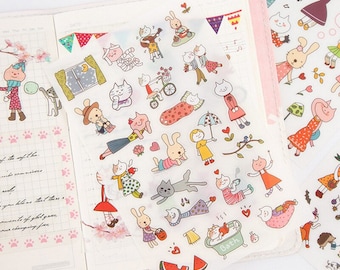 Happy Little Partner Cat and Rabbit cartoon stickers set