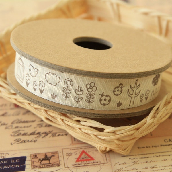 Bird & Flower cotton blend sewing tape Fabric Ribbon 3m reel