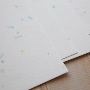May include: Close-up of several sheets of off-white paper with colorful speckles. The paper has a textured surface and is stacked at an angle, revealing the edges. The speckles are in shades of blue, pink, yellow, and green.