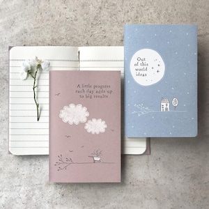 May include: Three notebooks with motivational quotes. One notebook is open, showing lined pages and a sprig of white flowers. The other two notebooks are closed, one in a dusky pink with the text "A little progress each day adds up to big results", and the other light blue with the text "Out of this world ideas".
