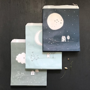 May include: Three paper gift bags featuring a night sky design. The bags are blue and green with white stars, a moon, and a house with a tree. Ideal for a birthday party or other special occasion.