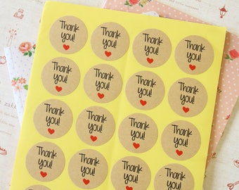 Kraft Paper Thank You with Love Heart printed round sticker labels