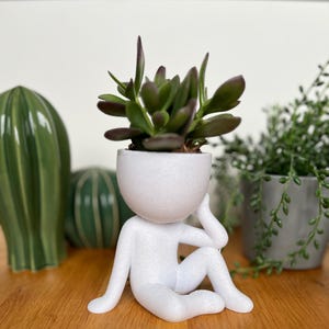 Könnte beinhalten: Eine weiße, gesprenkelte Figur einer sitzenden Person, die ihren Kopf in der Hand hält und eine Sukkulentenpflanze hält. Die Pflanze hat dunkelgrüne und violette Blätter. Weitere grüne Pflanzen befinden sich im Hintergrund.