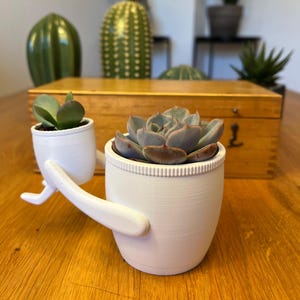 Può includere: Due vasi di ceramica bianca, ciascuno con un design unico. Uno contiene una piccola succulenta, l'altro una più grande. I vasi hanno un design stravagante con braccia e gambe attaccate, creando un'estetica giocosa. Una scatola di legno e altre piante sono sullo sfondo.