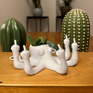 Op de afbeelding: Een witte keramische octopusvormige plantenbak met meerdere armen, elk met een opgestoken middelvinger. De plantenbak bevat een kleine vetplant. Andere decoratieve keramische objecten staan op de achtergrond.