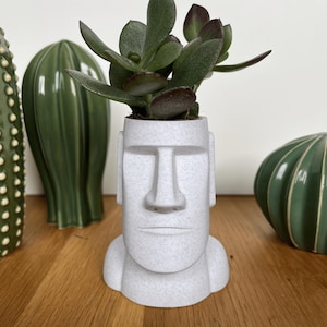 Può includere: Un vaso a forma di testa Moai bianco maculato con una pianta succulenta verde. Il vaso ha un volto dettagliato e si trova su una superficie di legno. Altre piante decorative in ceramica verde sono sullo sfondo.