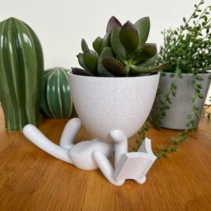 Op de afbeelding: Een grillige witte plantenbak in de vorm van een lezende figuur, met een vetplant met donkergroene en bordeauxrode bladeren. De plantenbak staat op een houten oppervlak, met groene cactussen en andere planten op de achtergrond.