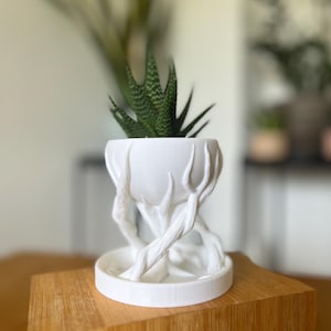 May include: A white, 3D-printed planter with a unique tree-branch design, holding a green succulent plant. The planter sits on a matching round base, creating a modern, nature-inspired aesthetic. The plant has green leaves with white spots.