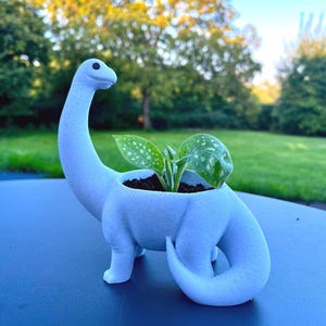 Puede incluir: Una maceta con forma de dinosaurio azul claro, con un cuello y una cola largos, que contiene una pequeña planta con hojas verdes. La maceta texturizada se encuentra sobre una superficie azul oscuro. El fondo muestra un césped verde borroso y árboles.