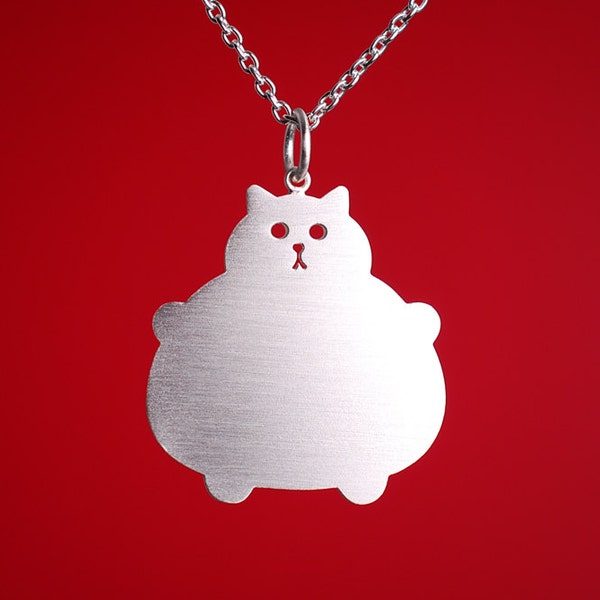 Silver Cat Necklace, Kawaii Jewellery, Fat Kitty Accessory