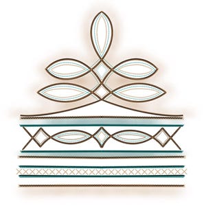 May include: A decorative design in brown and teal colours. The design features a stylised flower with overlapping petals and a series of horizontal bands with geometric patterns.