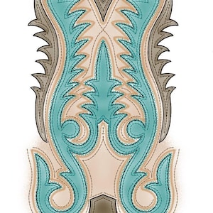 Könnte beinhalten: Nahaufnahme eines Cowboy-Stiefel-Schafts mit einem gestickten Design in Türkis und Braun. Das Design zeigt ein symmetrisches Muster aus stilisierten Blättern und Wirbeln.