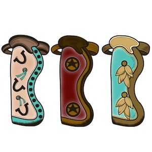May include: Three decorative cowboy boot designs. The boots feature various colors, including tan, red, and turquoise, with embellishments such as horseshoes, stars, and floral patterns. The boots have a brown top and a curved shape.
