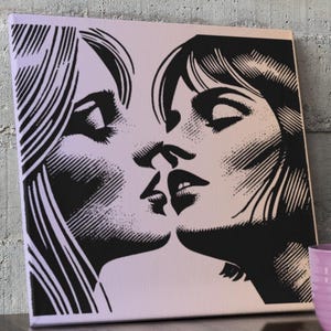 Lienzo de arte sáfico queer: mujeres besándose, arte lésbico, arte mural LGBTQ, gráfico de representación WLW