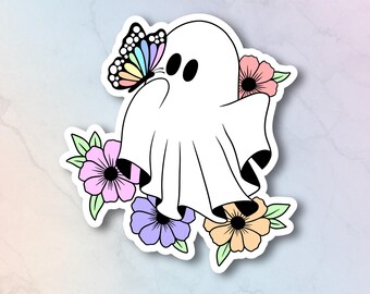 Gay Pride – Niedlicher Geister-Aufkleber, gruseliger lesbischer Aufkleber, LGBT-Halloween-Aufkleber, LGBTQ+-Vinylaufkleber, WLW-Laptop-Aufkleber, Regenbogenblumen-Pride