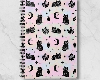 Pastel Rainbow Celestial Cat Spiral Notebook, Witchy Moon Stars Journal, Ruled Line, Crystals, Magical Diary, Planner, Gift