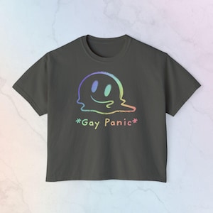 May include: A dark gray short-sleeved t-shirt featuring a central graphic of a melting smiley face with a rainbow-colored outline. Below the graphic, the text *Gay Panic* is printed in a matching rainbow-colored font with a simple sans-serif style.