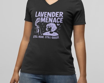 Lavender Menace Vneck Sapphic Tee, Lesbian Pride Shirt, LGBTQ Graphic Unisex Jersey, Rainbow Pride Top, Pride Month Apparel, v-neck