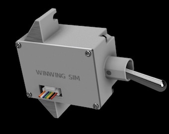 May include: A light gray rectangular device with the text "WINWING SIM" printed on the side. It has a silver-colored metal rod extending from one side and a multi-colored wire connector on the other. The background is black.