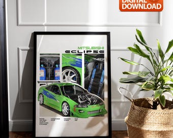 Paul Walker 95 Mitsubishi Eclipse Poster - Fast and Furious Movie Print