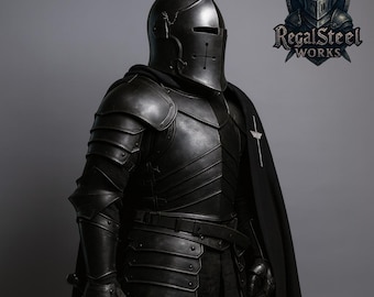 Black Barbuta Knight Armor Suit – Crusader Armor Steel Suit with Cuirass,Helmet, Bracers for LARP, Cosplay, & Roleplay Costume