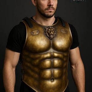Könnte beinhalten: Eine goldfarbene Brustpanzerung mit einem Löwenemblem, die geformte Bauchmuskeln aufweist. Die Rüstung hat schwarze Riemen und wird über einem schwarzen Hemd getragen. Das Regal Steel Works-Logo ist oben rechts sichtbar.