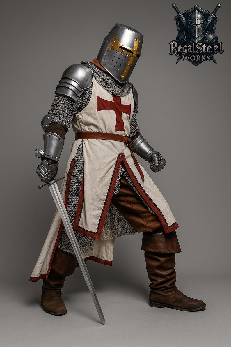 May include: A full suit of medieval armor, including a helmet, shoulder guards, and gauntlets. The knight's tunic is white with a red cross. A long sword is held in the right hand. The Regal Steel Works logo is in the upper right corner.