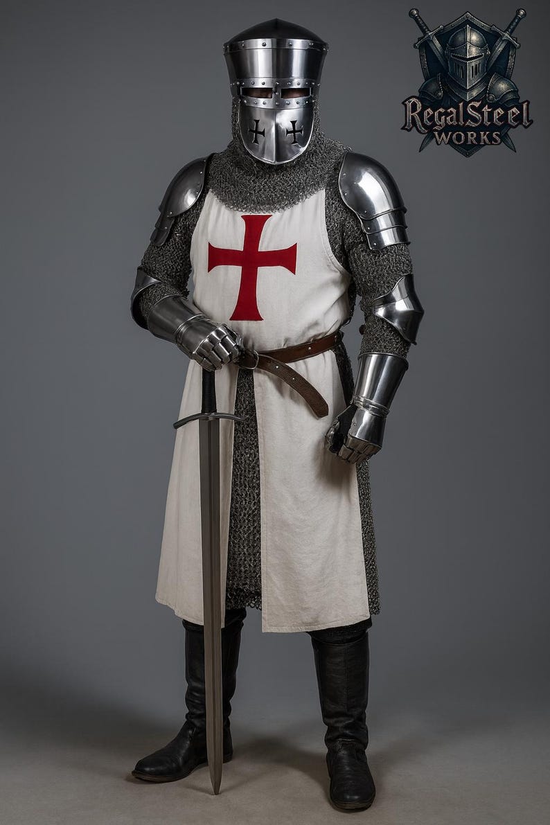 May include: A full suit of medieval armor, including a helmet, chainmail, and metal plating. The white tunic features a large red cross. The knight holds a long sword. The armor is worn with black boots and a brown belt.