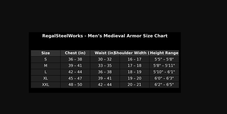 K&ouml;nnte beinhalten: Gr&ouml;&szlig;entabelle f&uuml;r mittelalterliche R&uuml;stungen von RegalSteelWorks. Brustumfang von 91 bis 127 cm, Taillenumfang von 76 bis 112 cm und K&ouml;rpergr&ouml;&szlig;en von 165 cm bis 196 cm.